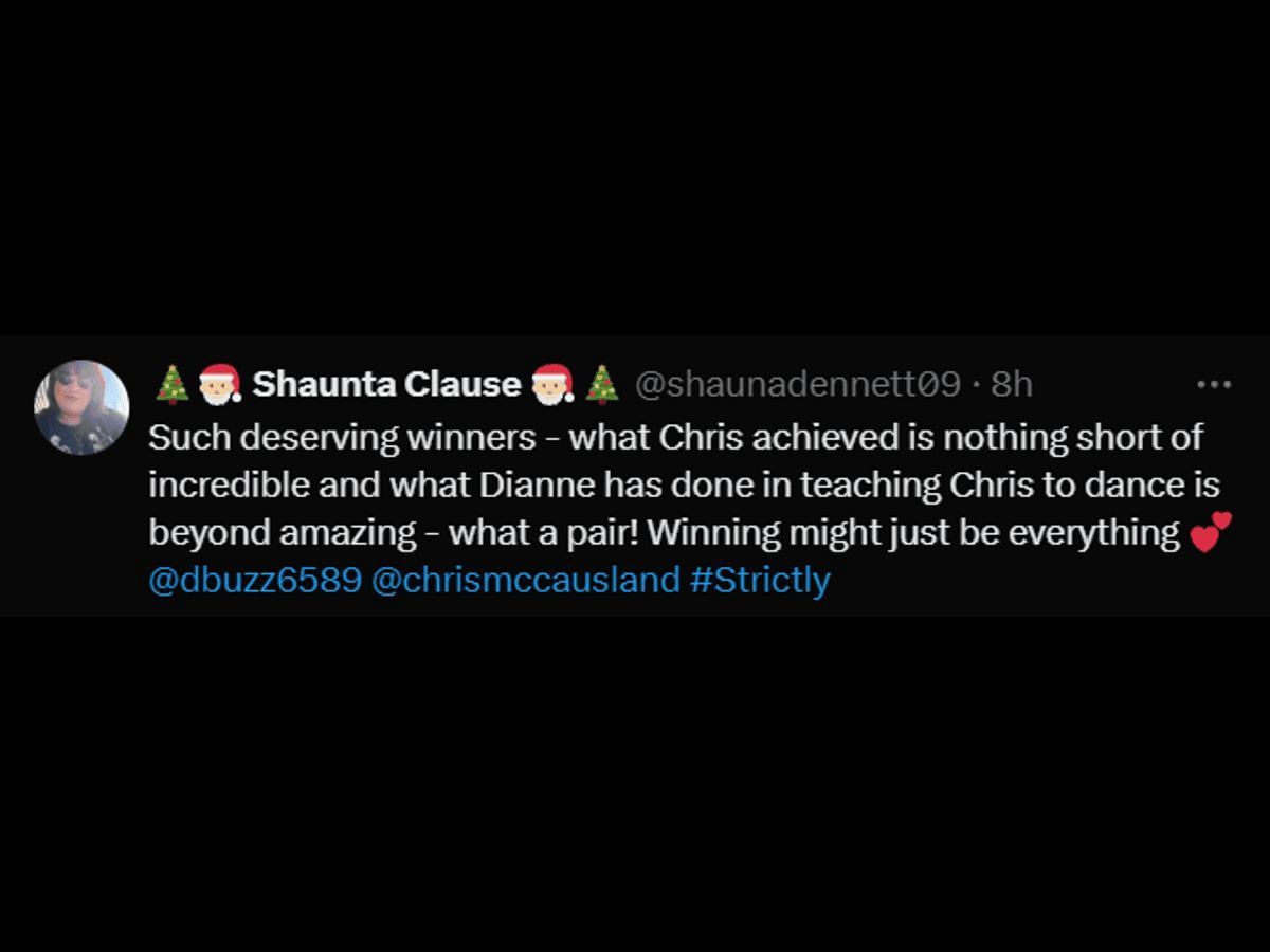 A Strictly Come Dancing fan reacts to Chris and Dianne&#039;s win (Image via X/@shaunadennett09)