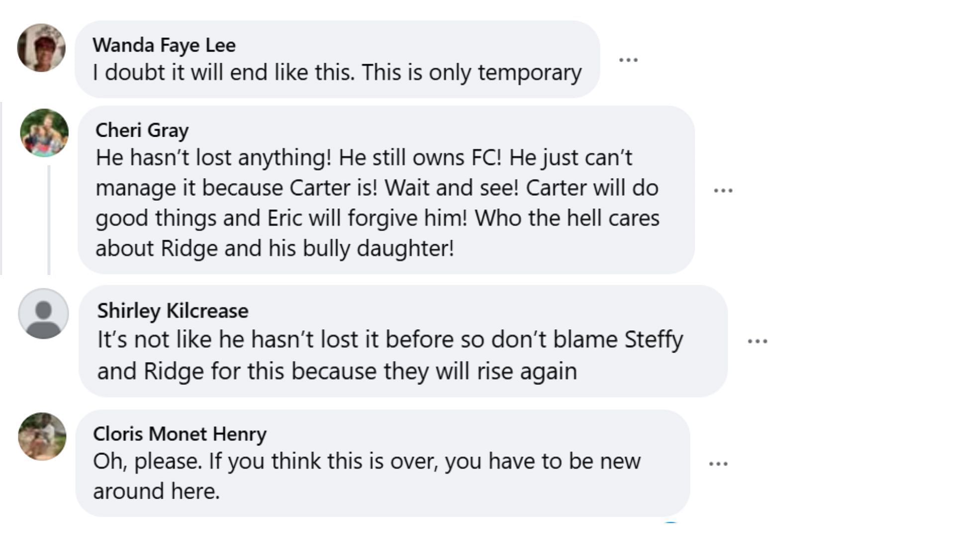 Fan comments supporting Eric Forrester (Image via Facebook/The Bold and the Beautiful)