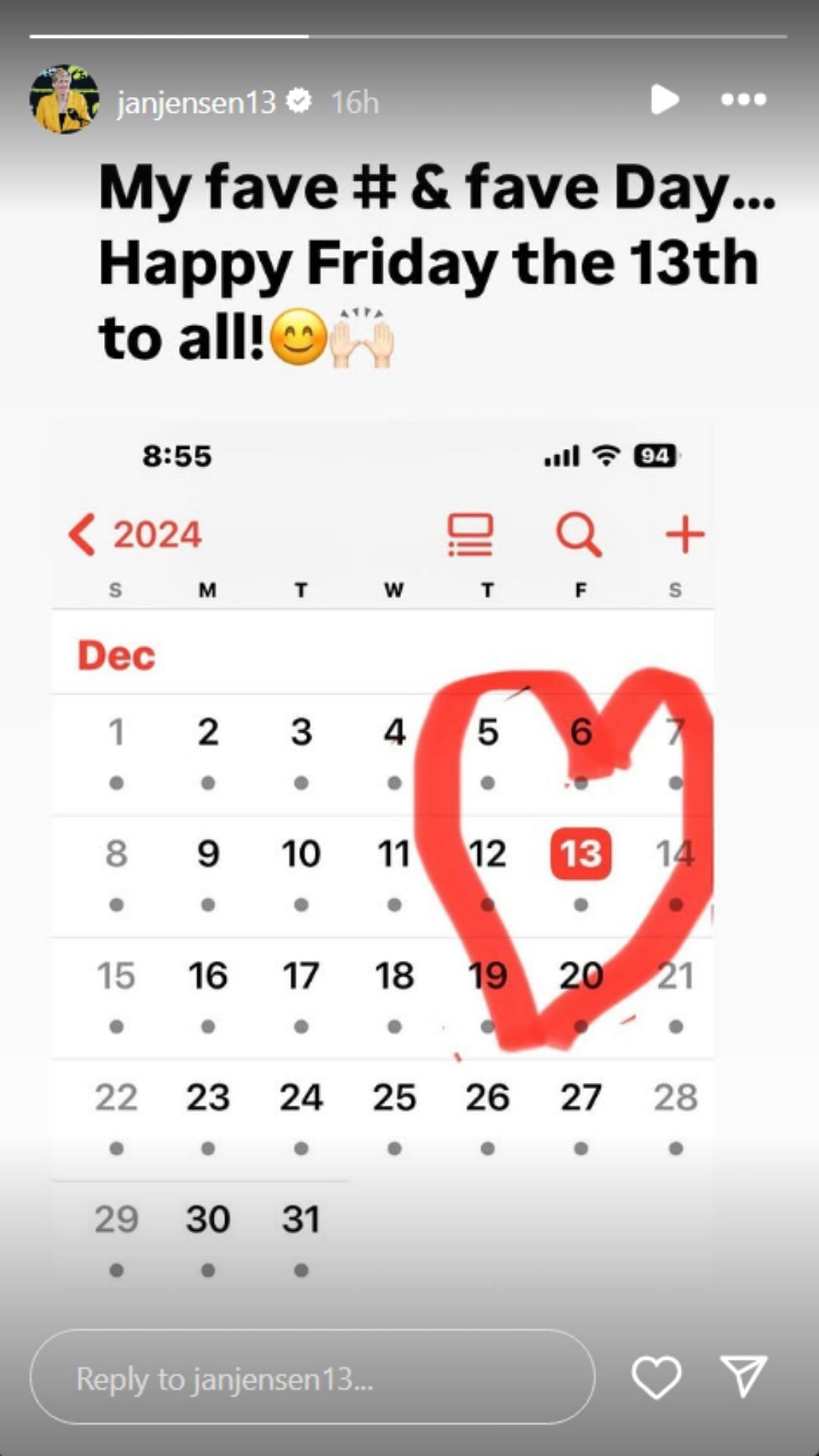 Jan Jensen&#039;s Instagram story on Dec. 13, 2024, Friday