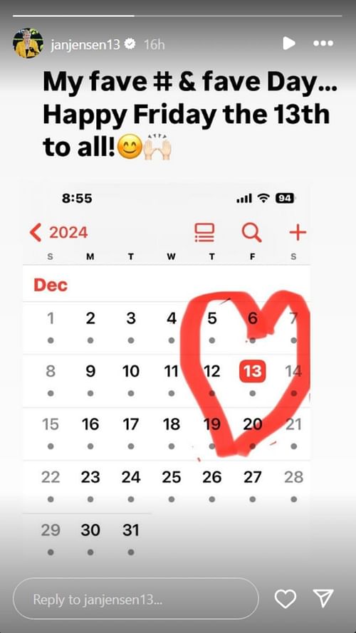 Jan Jensen's Instagram story on Dec. 13, 2024, Friday