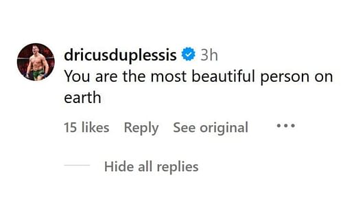 Dricus du Plessis' comment on the post. [Screenshot courtesy: @vasti_spiller on Instagram]
