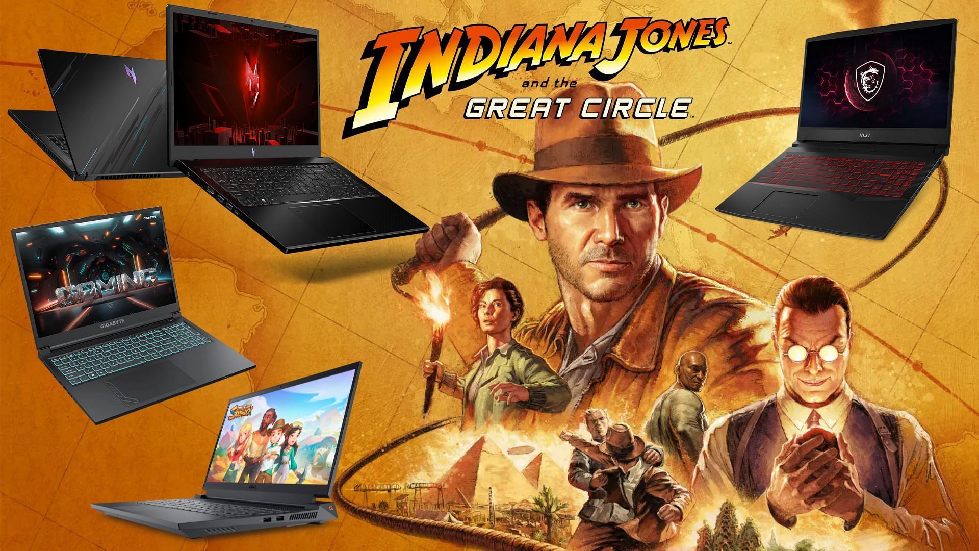 The best budget laptops to play Indiana Jones and the Great Circle (Image via Acer, MSI, Dell, Gigabyte, Bethesda)