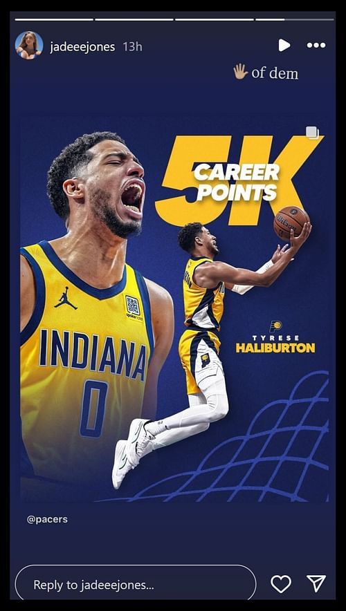 Jade Jones shares a graphic congratulating Tyrese Haliburton on IG