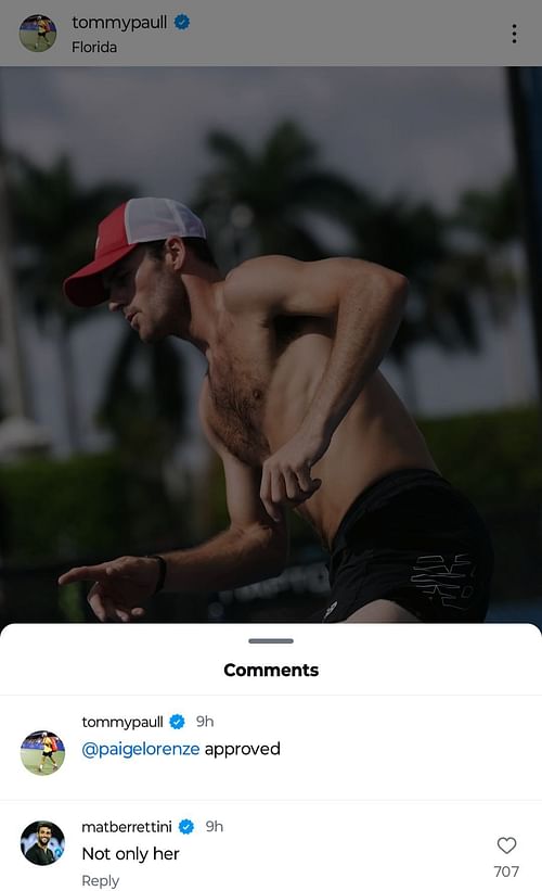 Matteo Berrettini reacts to Tommy Paul mentioning his girlfriend Paige Lorenze on Instagram