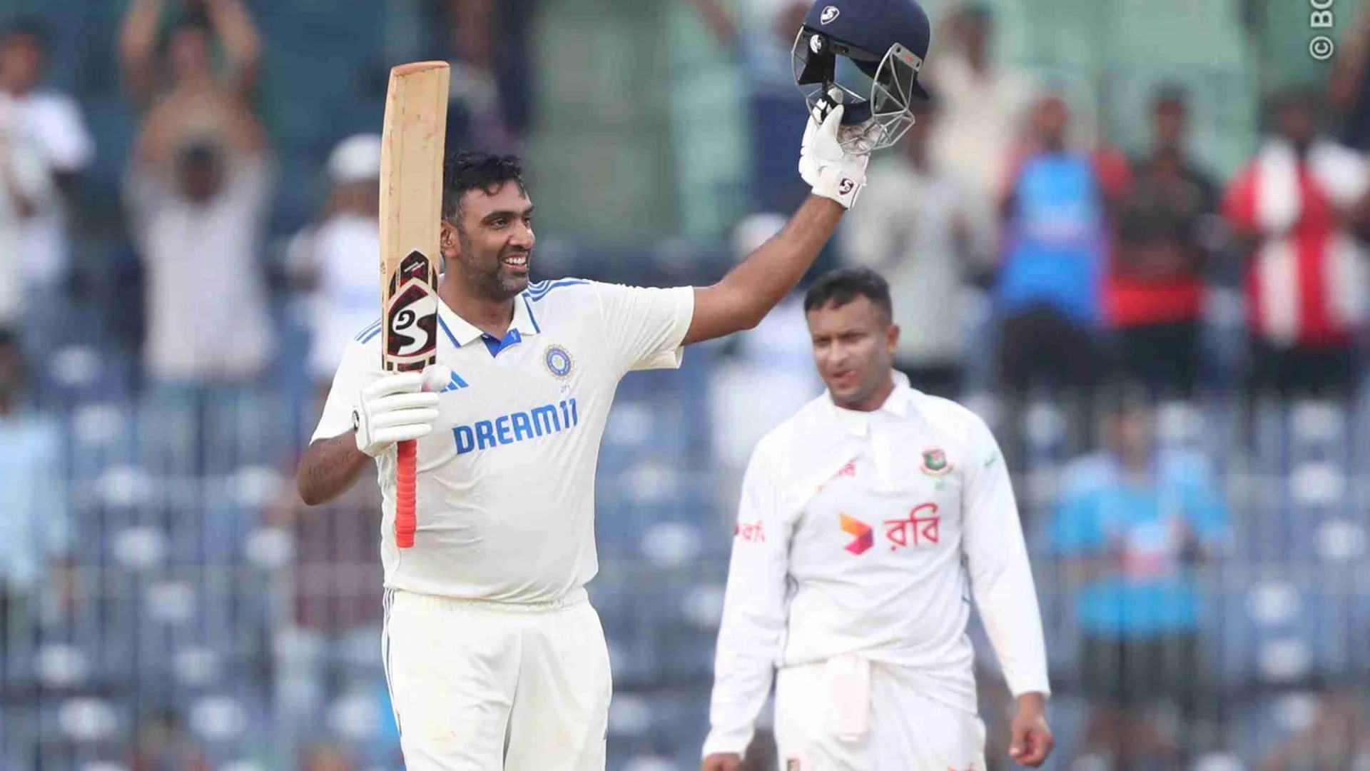 Ravichandran Ashwin celebrating a century [Image credits: BCCI]