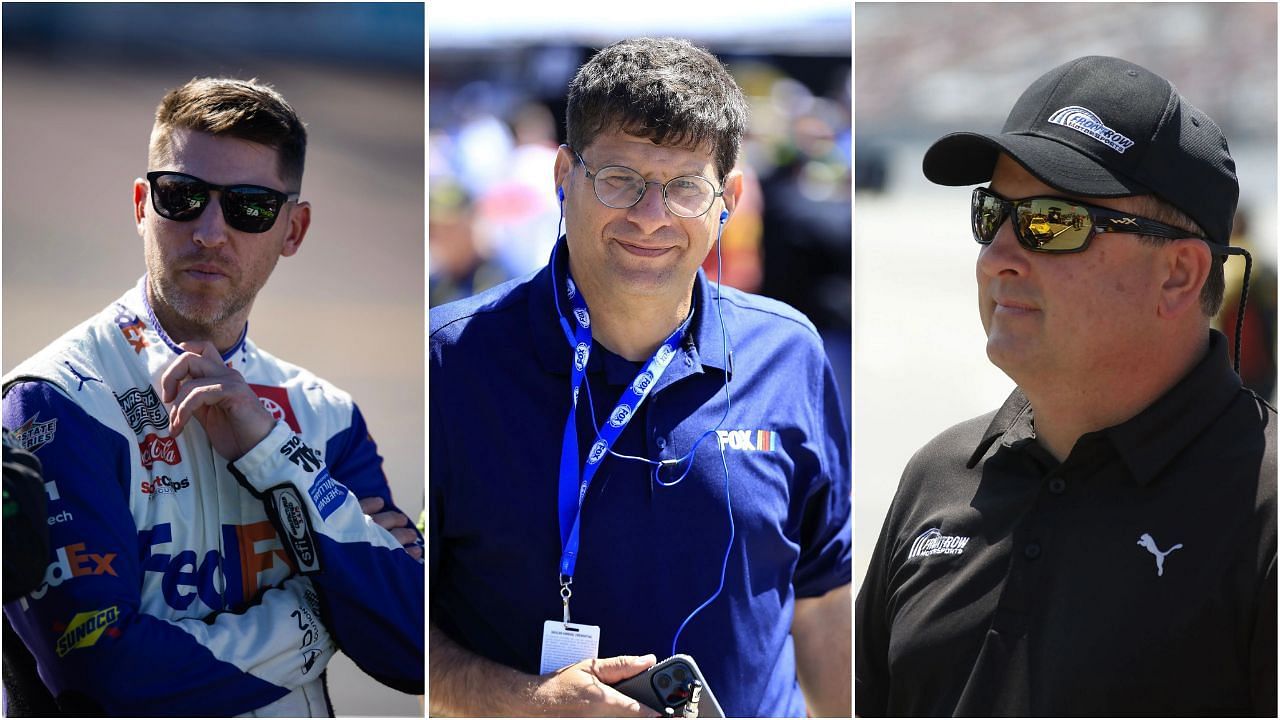 (From left) 23XI Racing co-owner Denny Hamlin, FOX Sports journalist Bob Pockrass and Front Row Motorsports owner Bob Jenkins [via IMAGN, Getty]