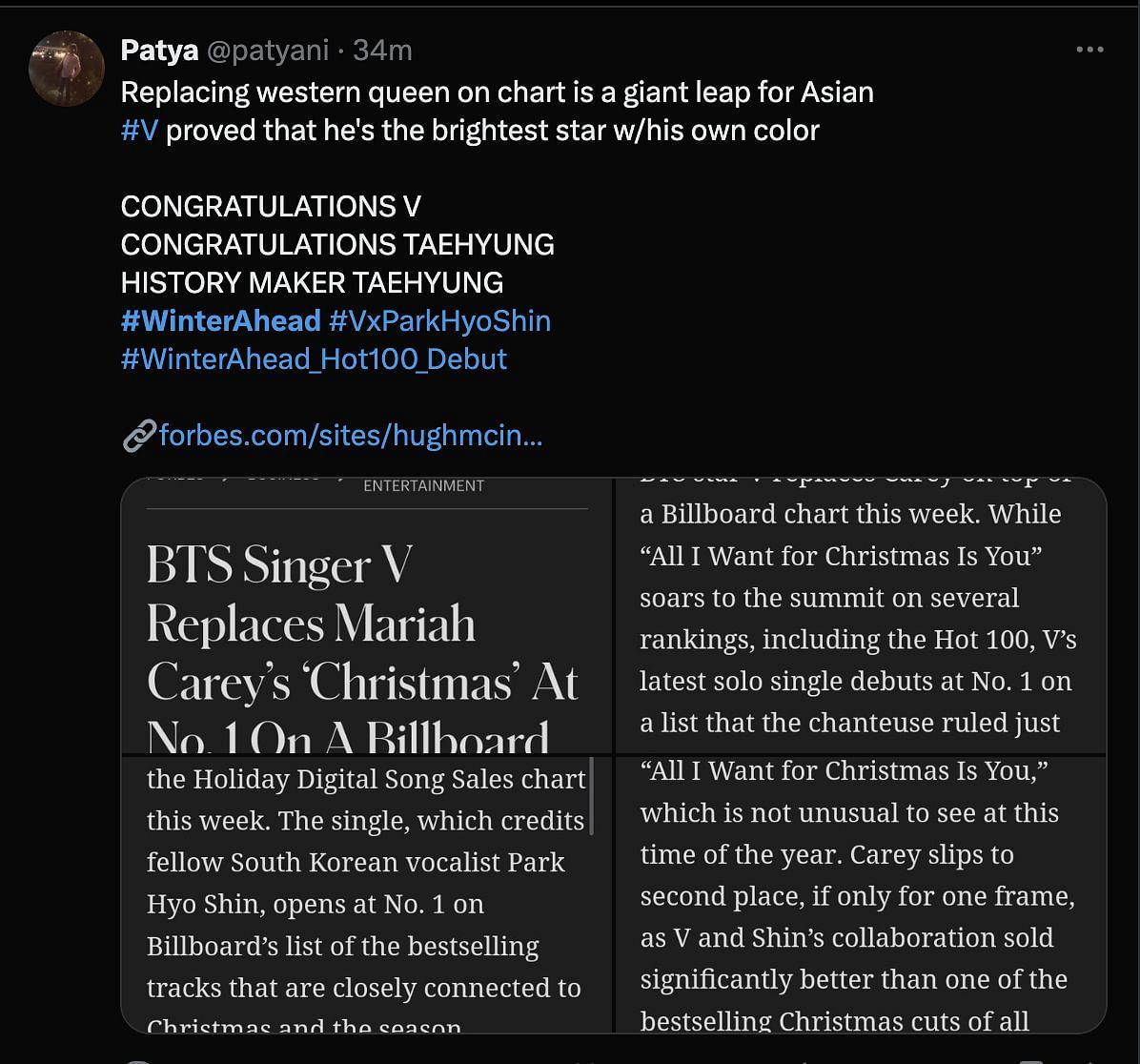 A fan reaction to BTS&#039; V achievement (Image via X/@patyani)