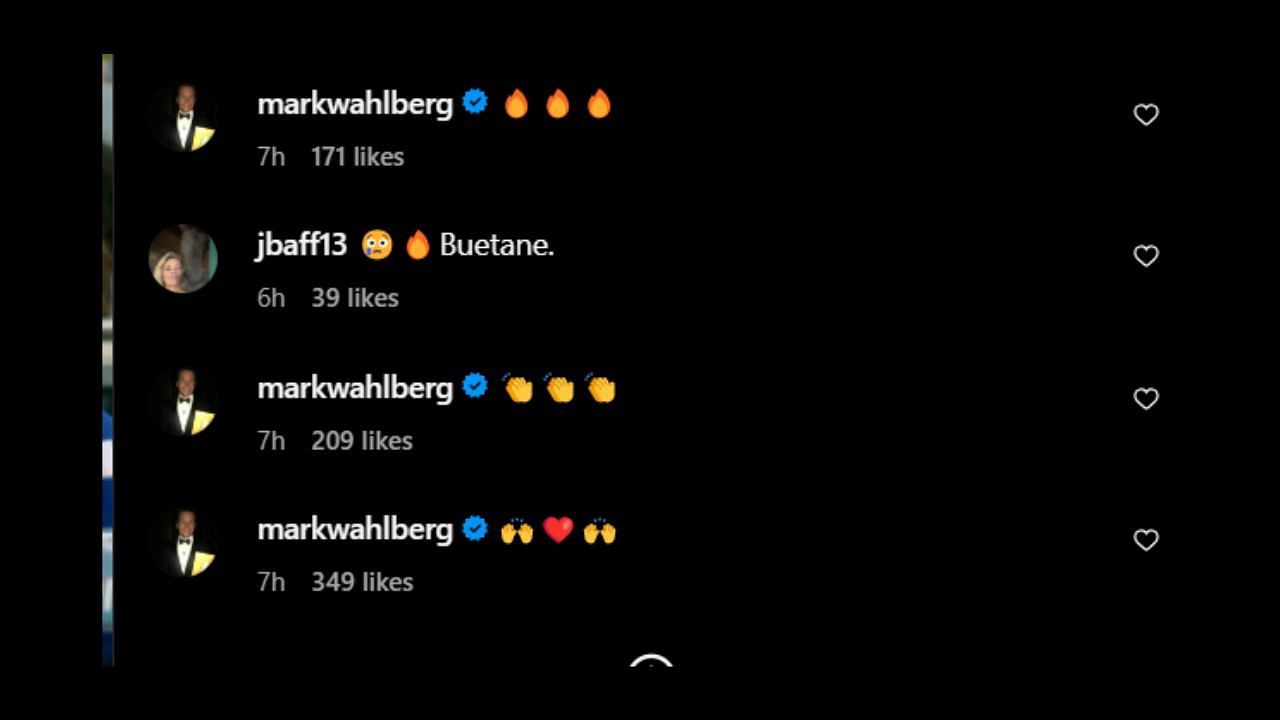 Screenshots of Mark Wahlberg's comments on Buehler's post (Images from - Instagram.com/@buehlersdayoff21)