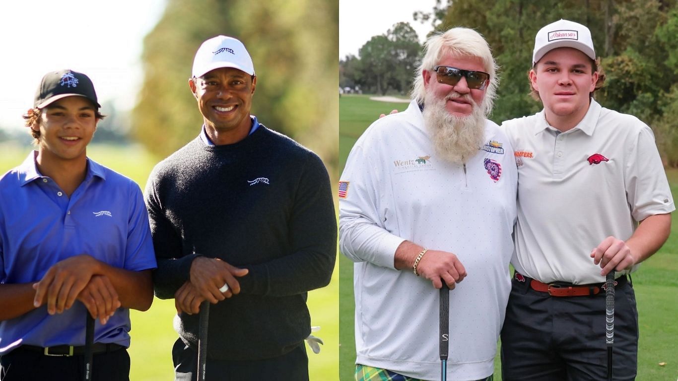 Tiger Woods and Charlie Woods meet John Daly and John Daly II at PNC Championship. Image via Getty Images and IMAGN