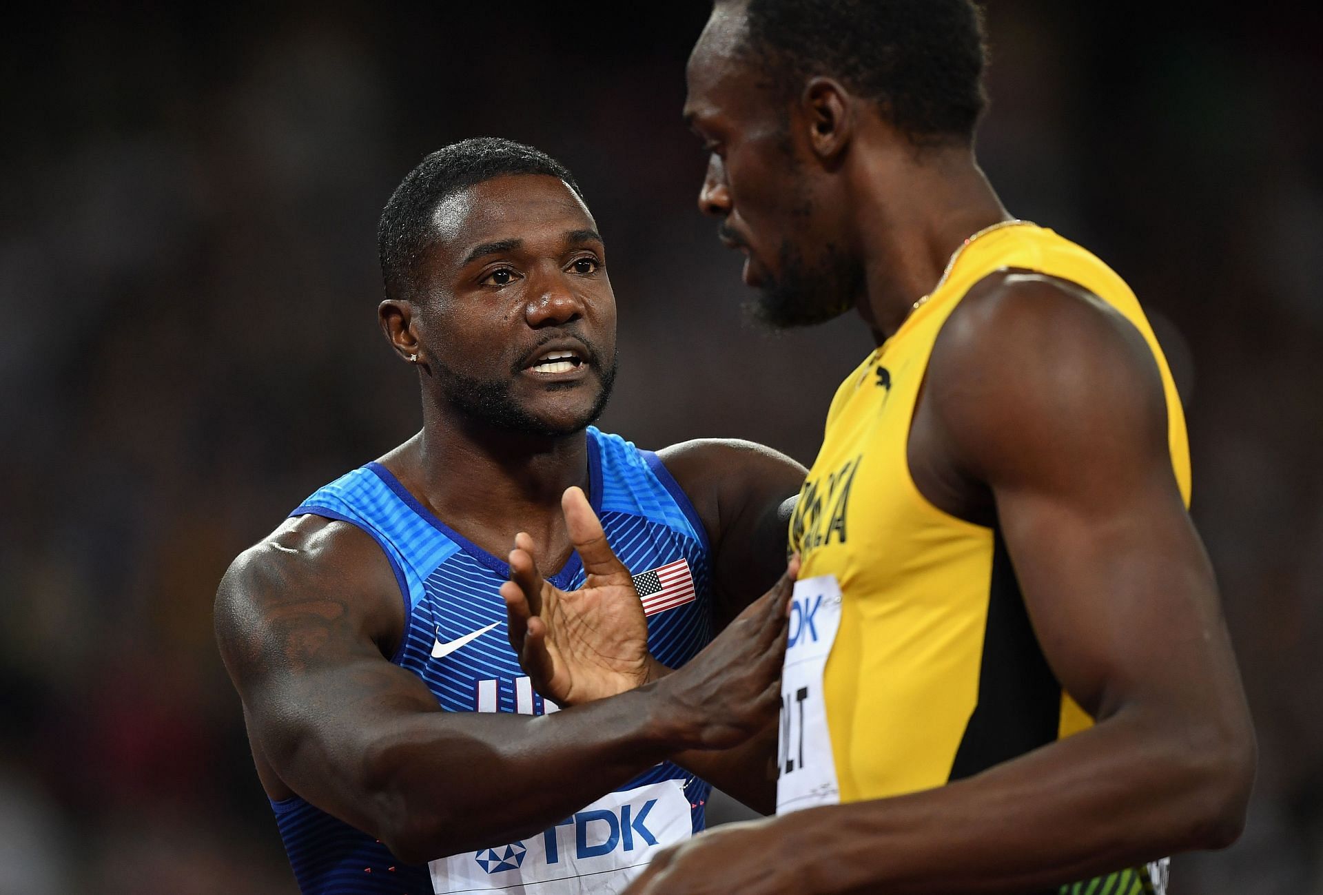 Usain Bolt and Justin Gatlin after the 100m finals at the World Athletics Championships 2017 [Image Source : Getty]