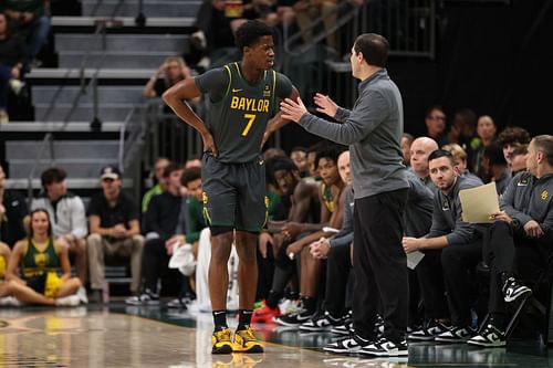 Head coach Scott Drew of the Baylor Bears talks to VJ Edgecombe (#7) during the first half against the Sam Houston State Bearkats at Foster Pavilion on November 12, 2024 in Waco, Texas. Photo: Getty