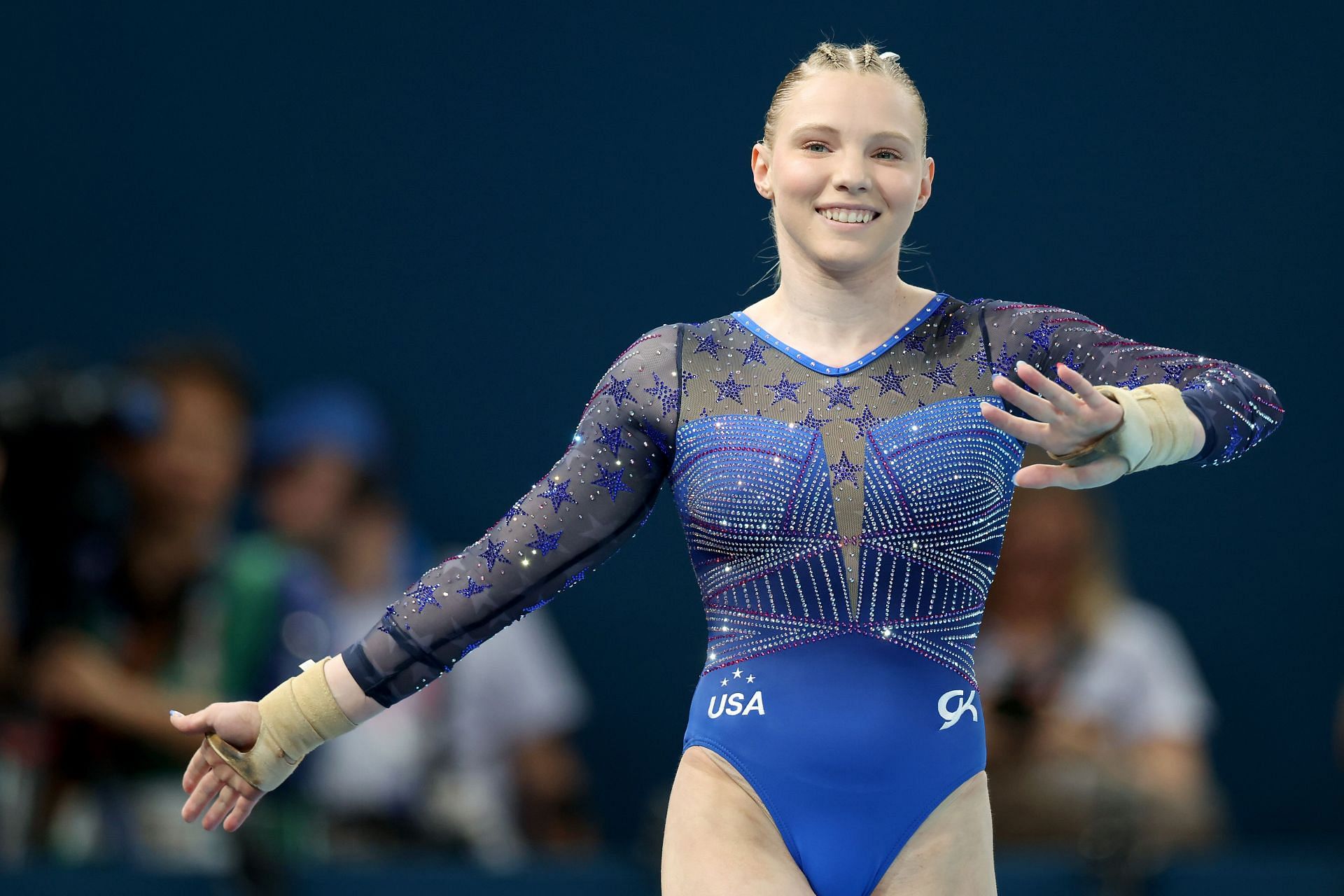 Jade Carey celebrates during the Olympic Games 2024 in Paris, France (Photo via Getty Images)