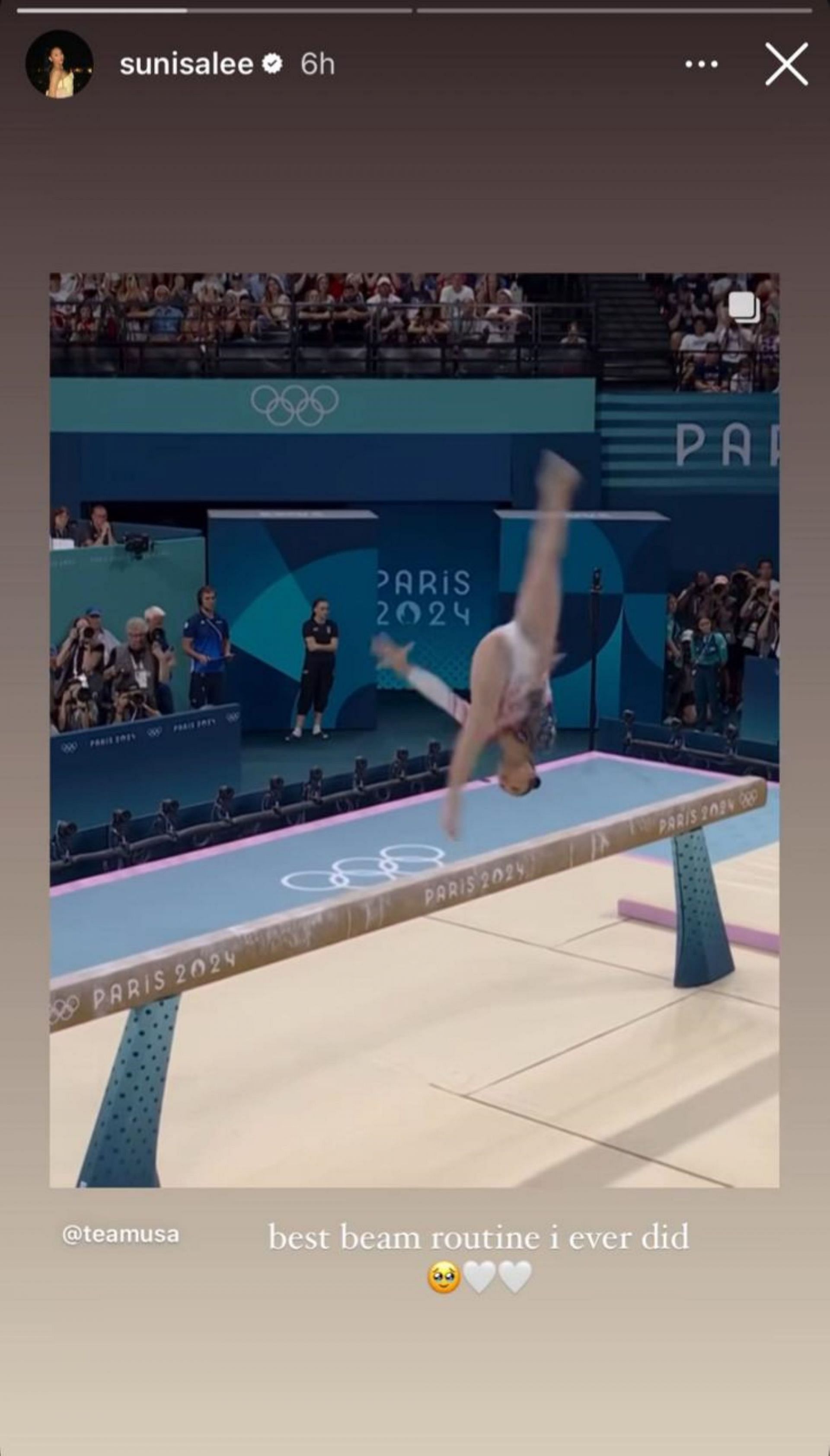 Suni Lee performs on the beam during team finals in Paris; Instagram - @sunisalee