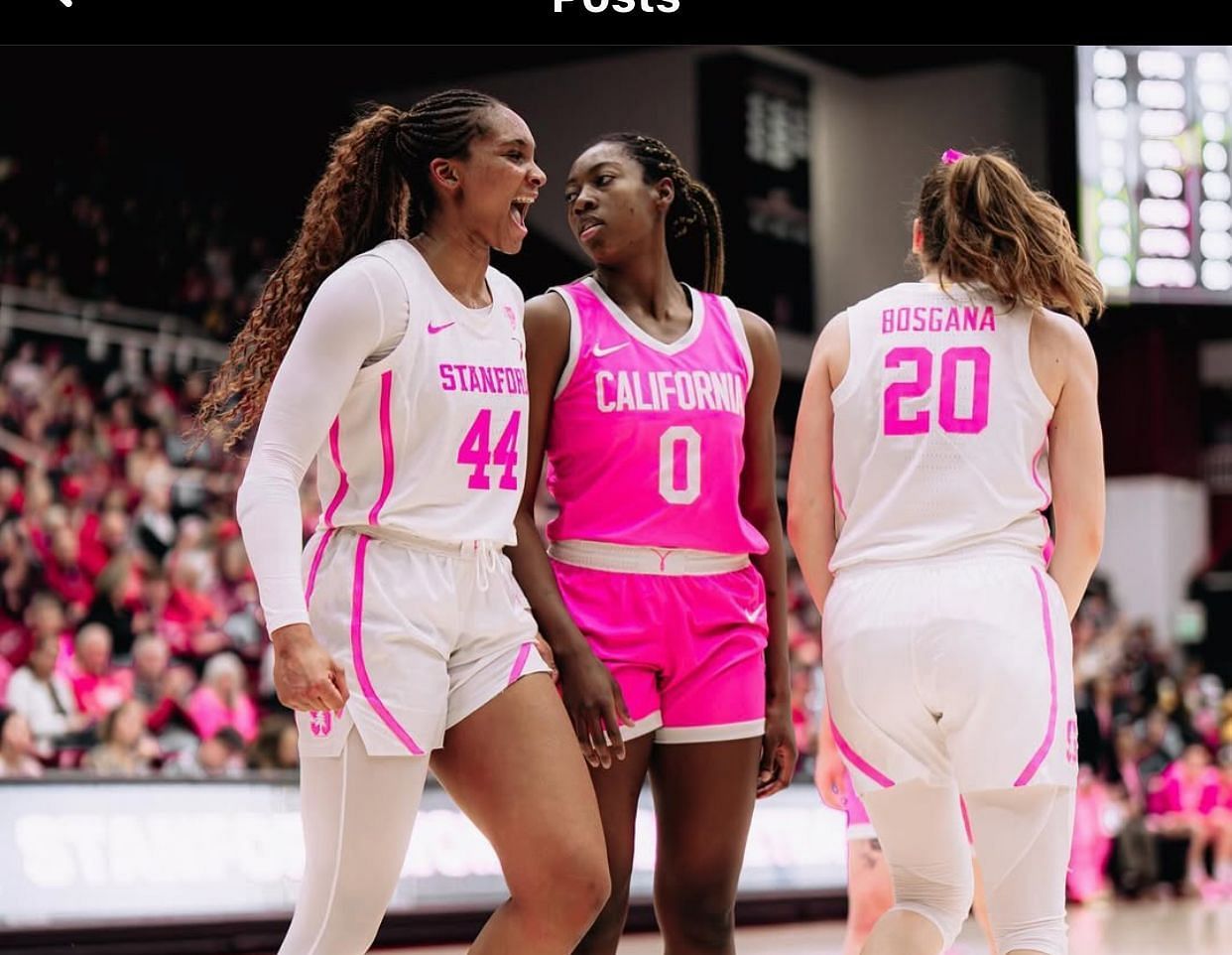 Kiki Iriafen with Elena Bosgana in Stanford vs California game. IG image source via @stanfordwbkb