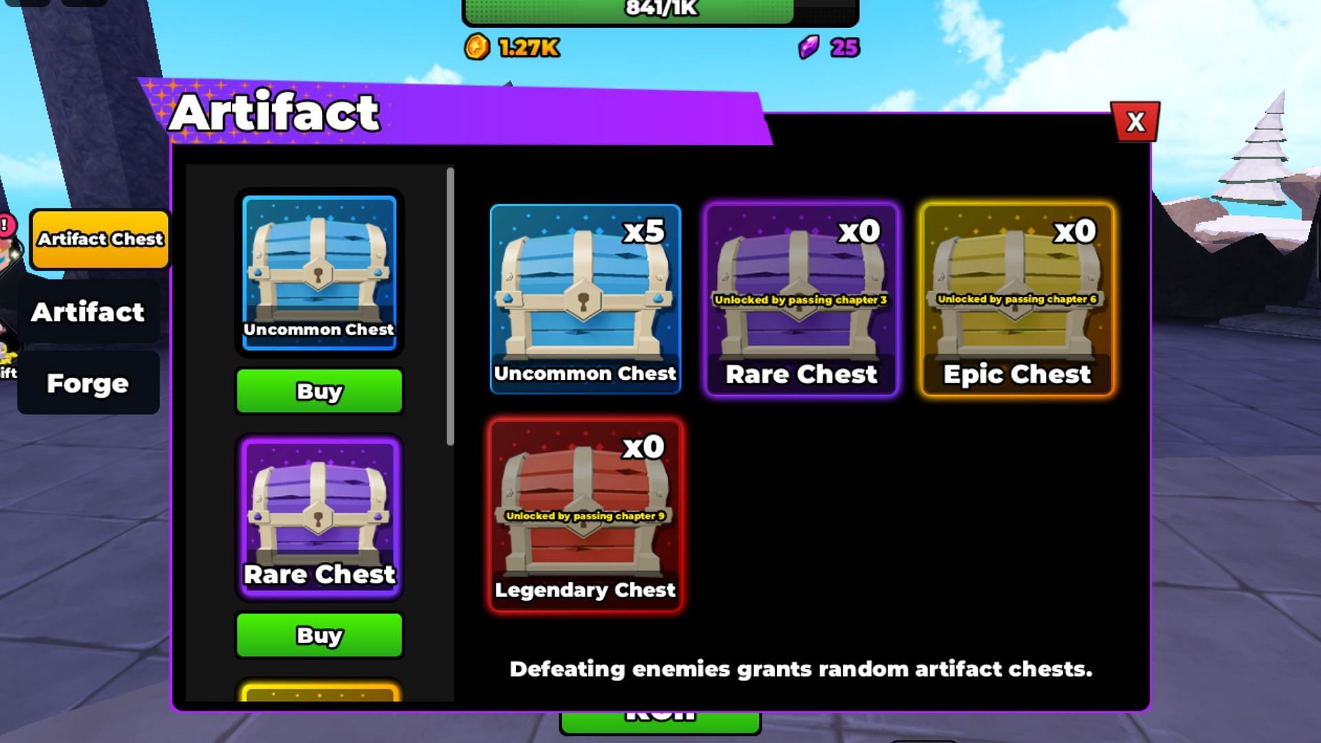 Open Uncommon Chests from the Artifact menu in Anime RNG TD (Image via Roblox)