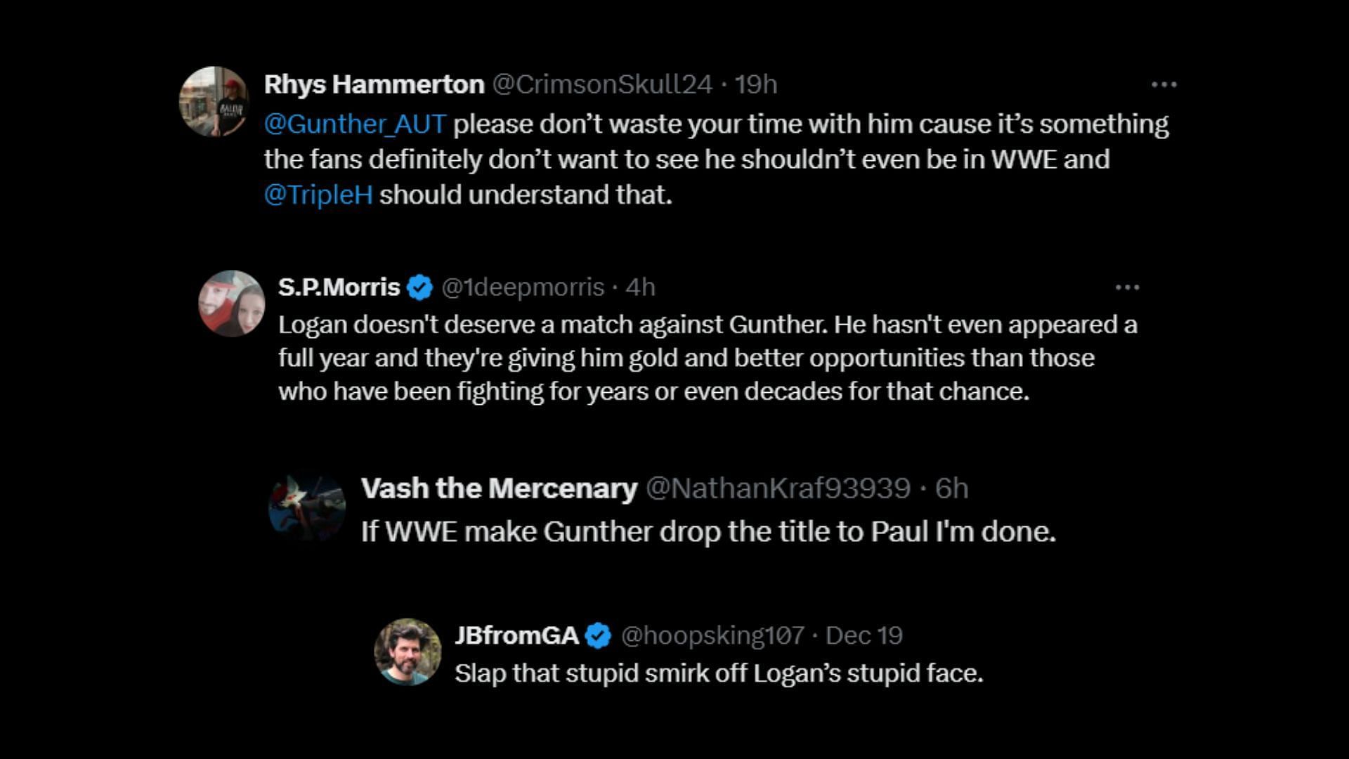 Fan reactions to WHC Gunther vs. Logan Paul [Image via X/Twitter]
