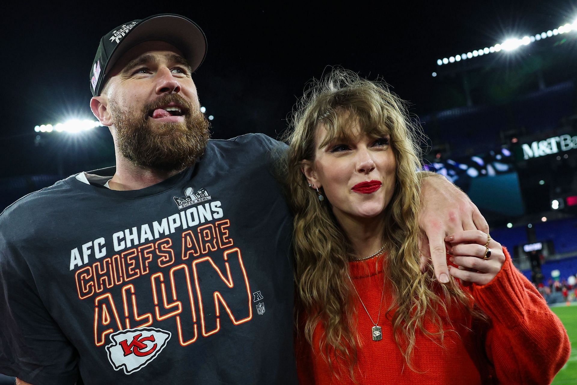 Travis Kelce celebrates with Taylor Swift after the AFC Championship Game at M&amp;T Bank Stadium on January 28, 2024, in Baltimore, Maryland. (Image via Getty/Patrick Smith)