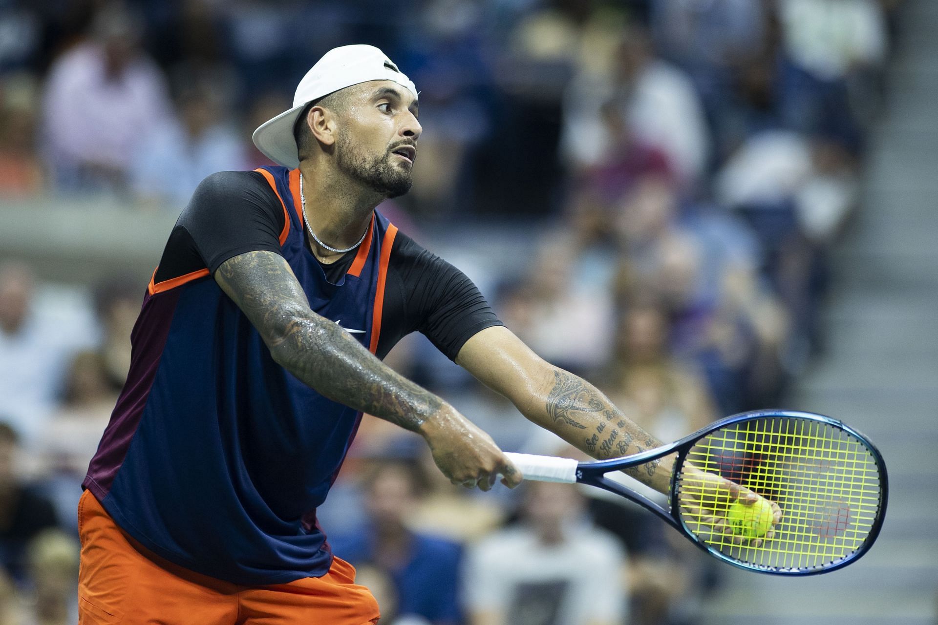 Nick Kyrgios in action at the 2022 US Open (Source: Getty)