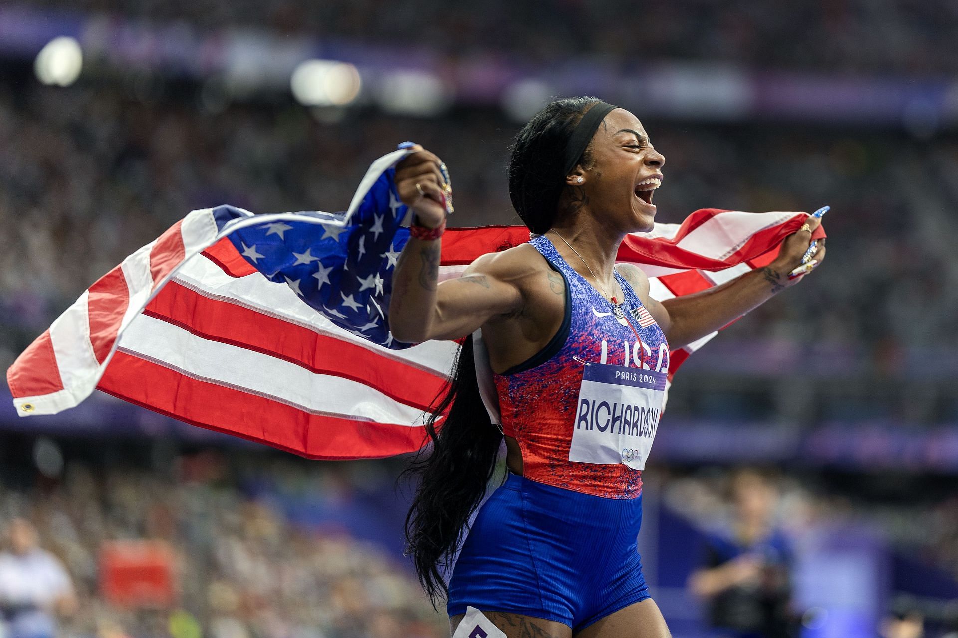 Sha&#039;Carri Richardson celebrating after winning the 4x100m relay finals at the Paris Olympics [Image Source : Getty]