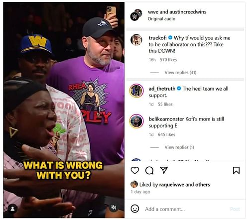 Screengrab of Kofi Kingston's comment [Image source: WWE's Instagram account]