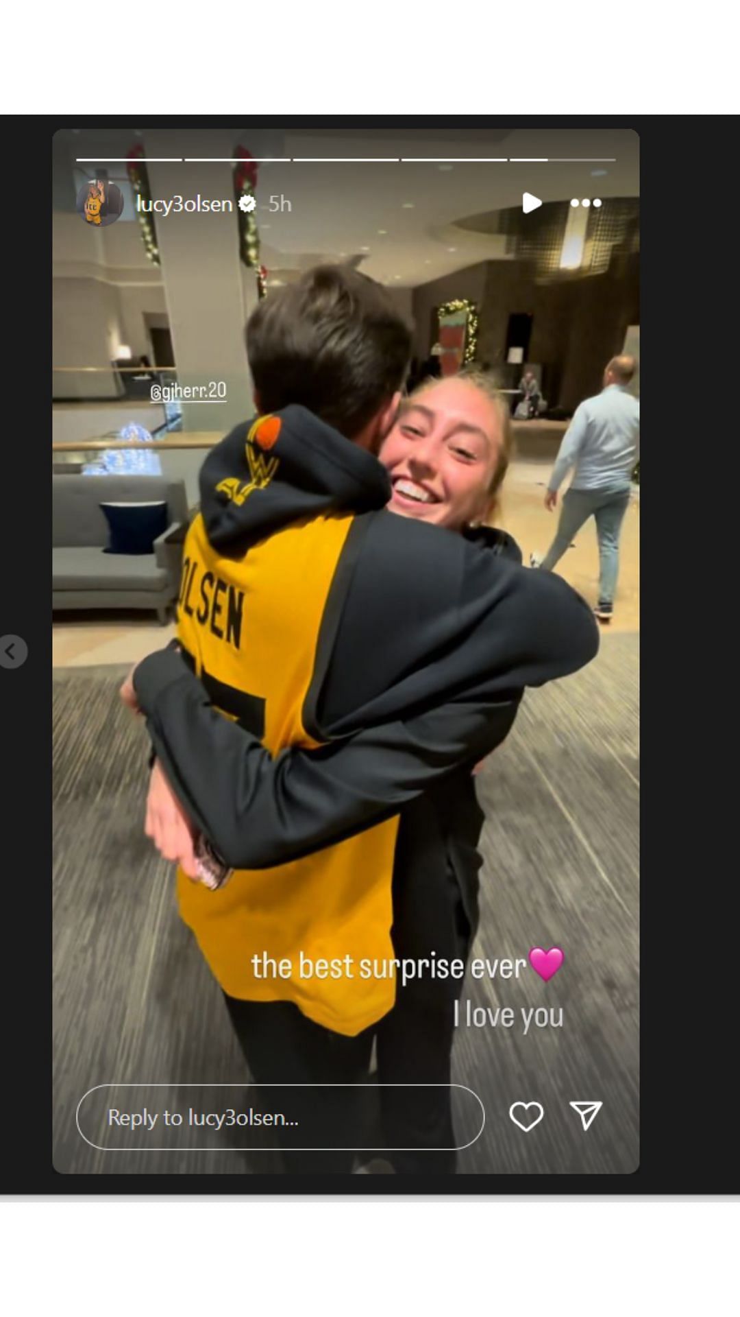 Lucy Olsen hugging her boyfriend Grayson Herr after Iowa&#039;s 78-68 defeat to Tennessee at the Women&#039;s Champions Classic on Saturday, Dec. 7. IG image via @lucy3olson