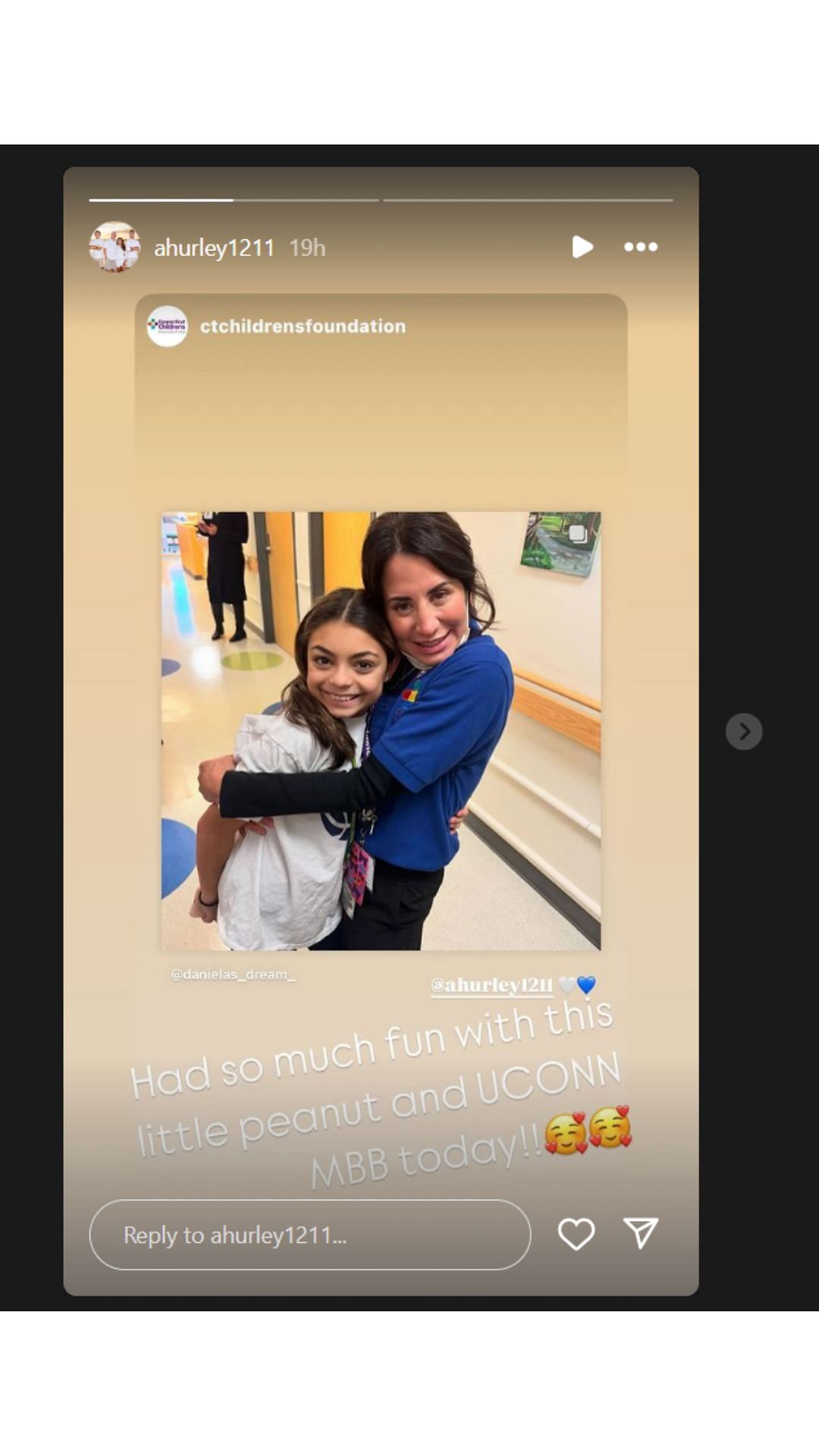 Andrea Hurley meets Connecticut Children&rsquo;s Medical Center patient, Daniela, who suffers from thalassemia. IG image via @ahurley1211