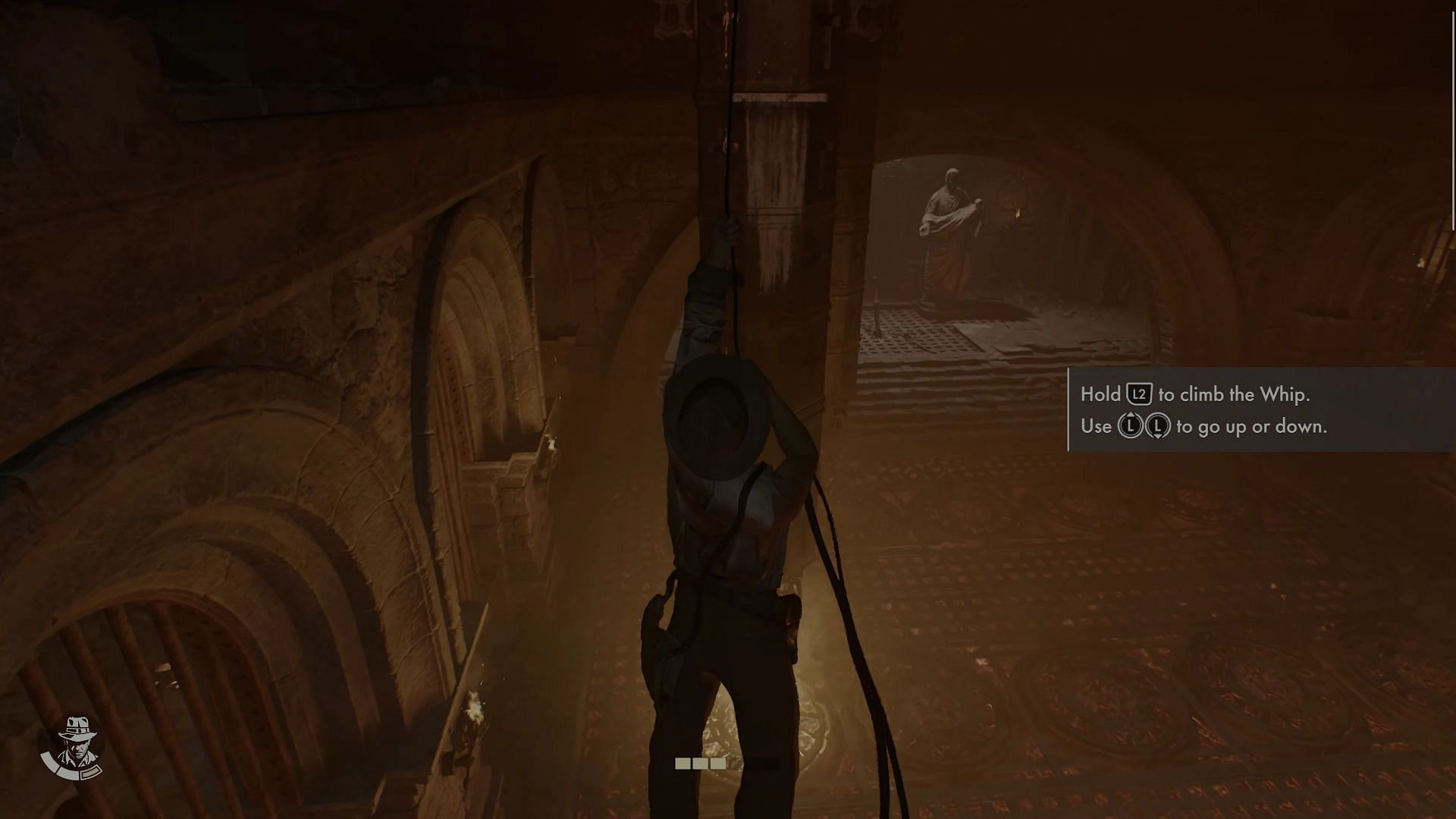 Use the whip on the ledge seen on the left side of the room, swing and jump onto this platform, and then use the whip on the ledge seen on the other side. (Image via Bethesda)