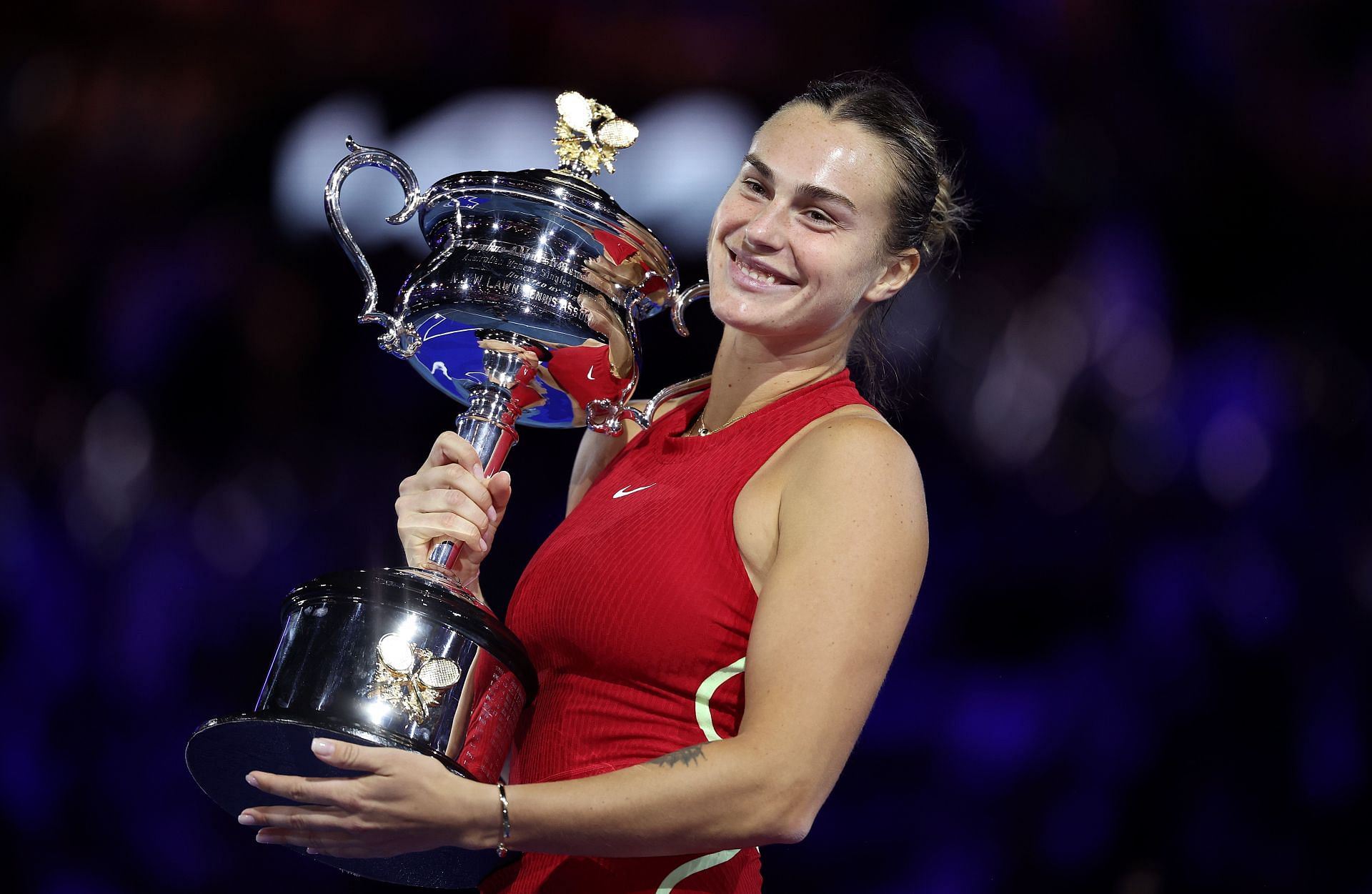 Sabalenka with the Cup after the Women&#039;s Singles Final match at the 2024 Australian Open. (Photo via Getty Images)