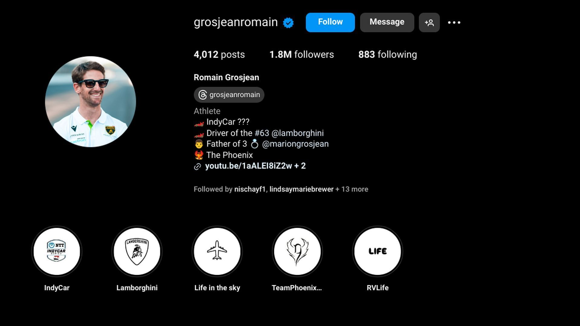 Romain Grosjean&#039;s Instagram bio - Source: via @grosjeanromain on Instagram