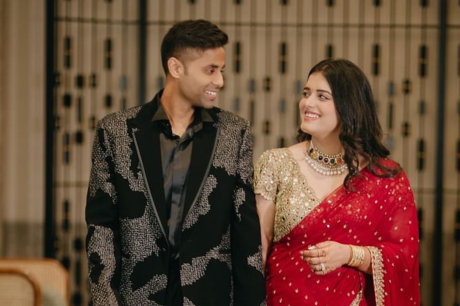 [In Pictures] Suryakumar Yadav's wife cutely replies to their Manish Malhotra photoshoot
