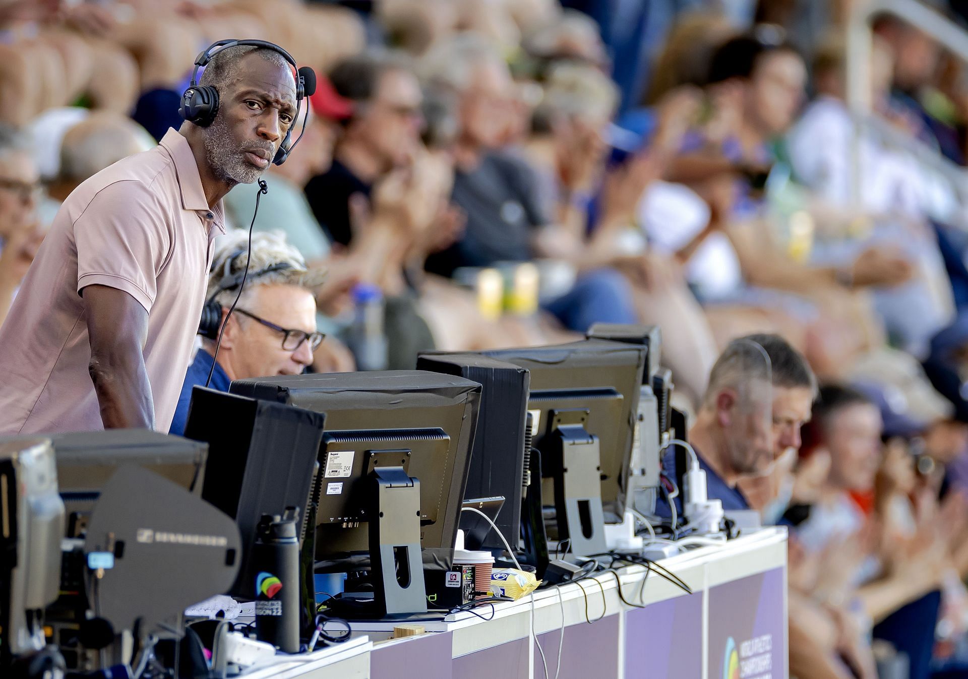 Michael Johnson commenting for the BBC at the World Athletics Championships at Hayward Field stadium in Eugene, Oregon. (Photo via Getty Images)