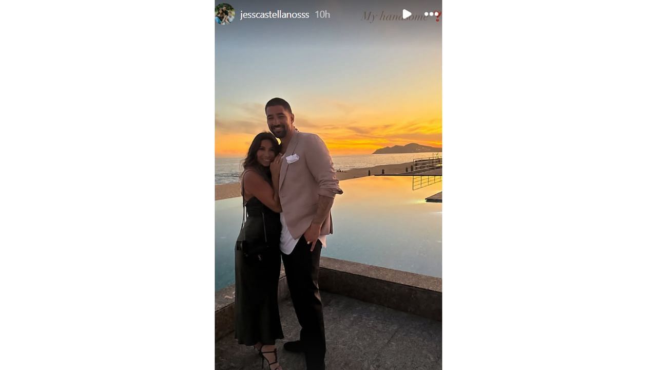 Nick Castellanos&#039; wife Jess shared a photo of the couple in front of a pool (Instagram/@jesscastellanosss)