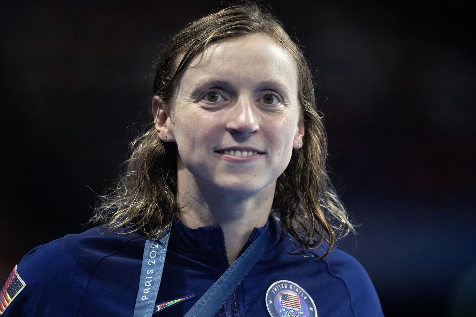 Katie Ledecky at the La Defense Arena after the Women&#039;s 1500m freestyle finals at the 2024 Paris Olympics (Image via: Getty Images)