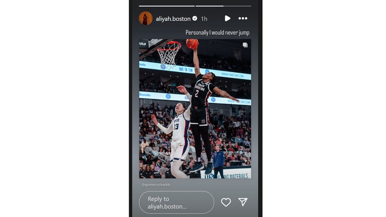 WNBA star Aliyah Boston reacts to Ashlyn Watkins&#039; dunk against TCU on Sunday. [photo: @aliyah.boston/IG]