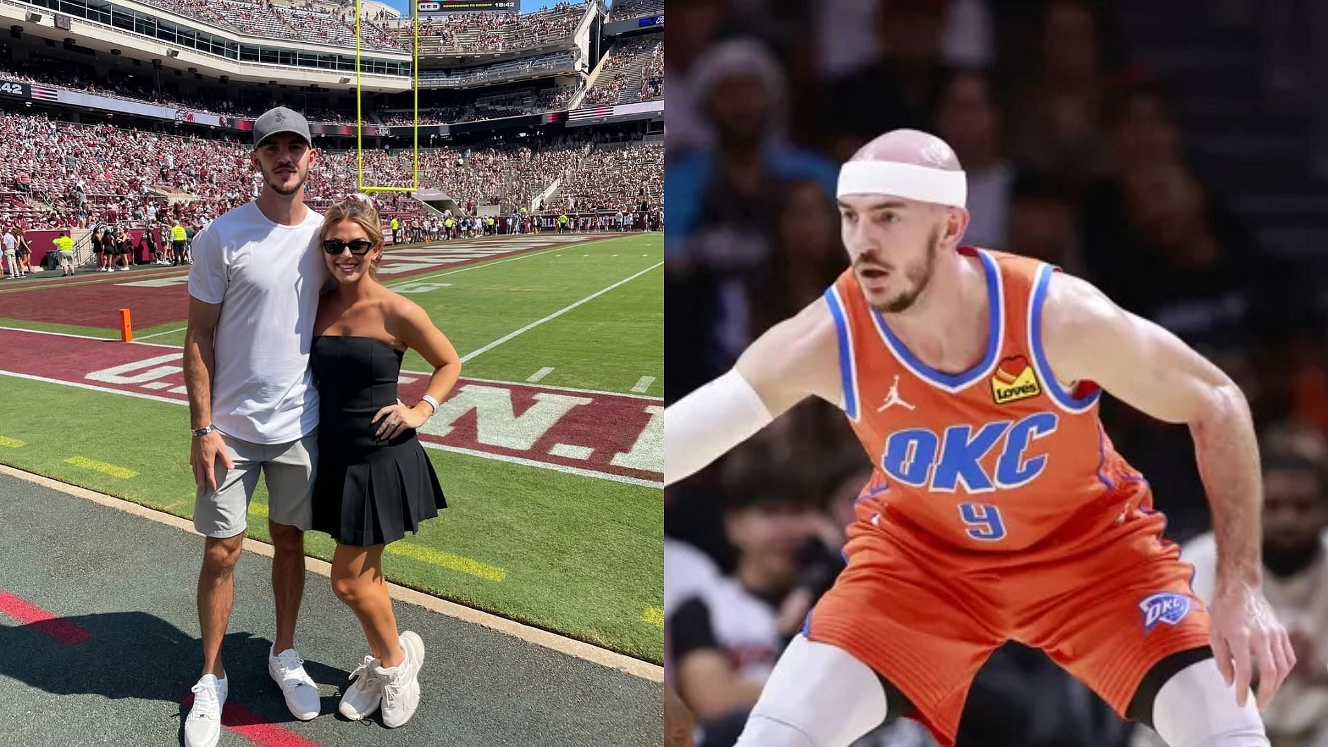 Alex Caruso and Haleigh Broucher pose for a photo, OKC Thunder guard A. Caruso playing defense. Photo Credits: Haleigh Broucher's IG account.