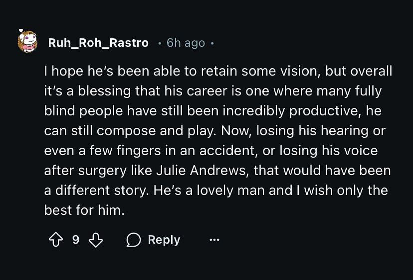 &quot;Hope he is able to retain some vision&quot;&mdash; Internet reacts to Elton John lamenting loss of eyesight during musical premiere(image via @Ruh_Roh_Rastro/ Reddit)