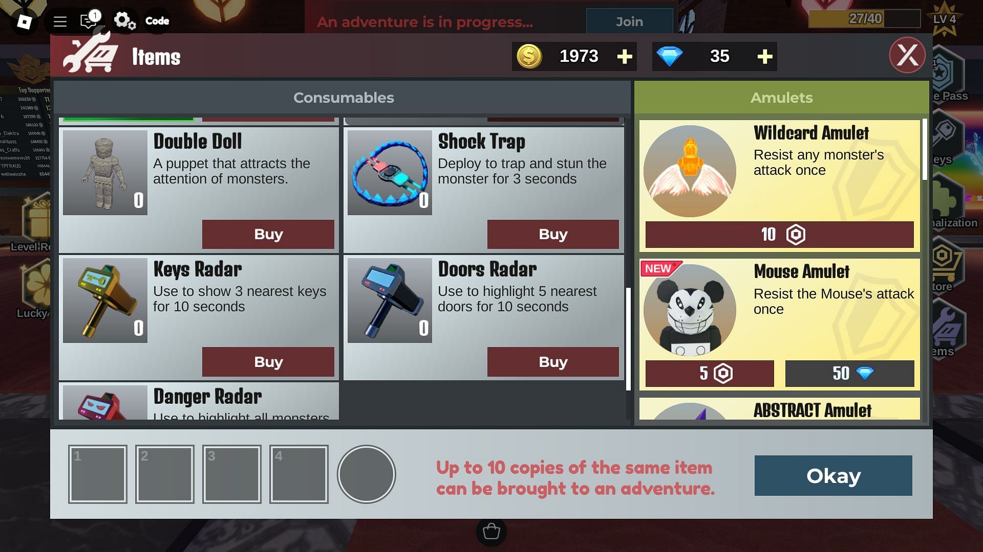 The Consumables screen (Image via Roblox)