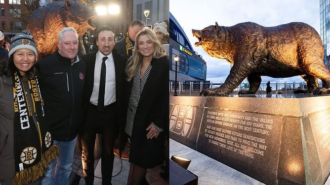 In Photos: Brad Marchand, wife Katrina Sloane join key Boston politicians in unveiling 3500-pound Bruins centennial legacy monument