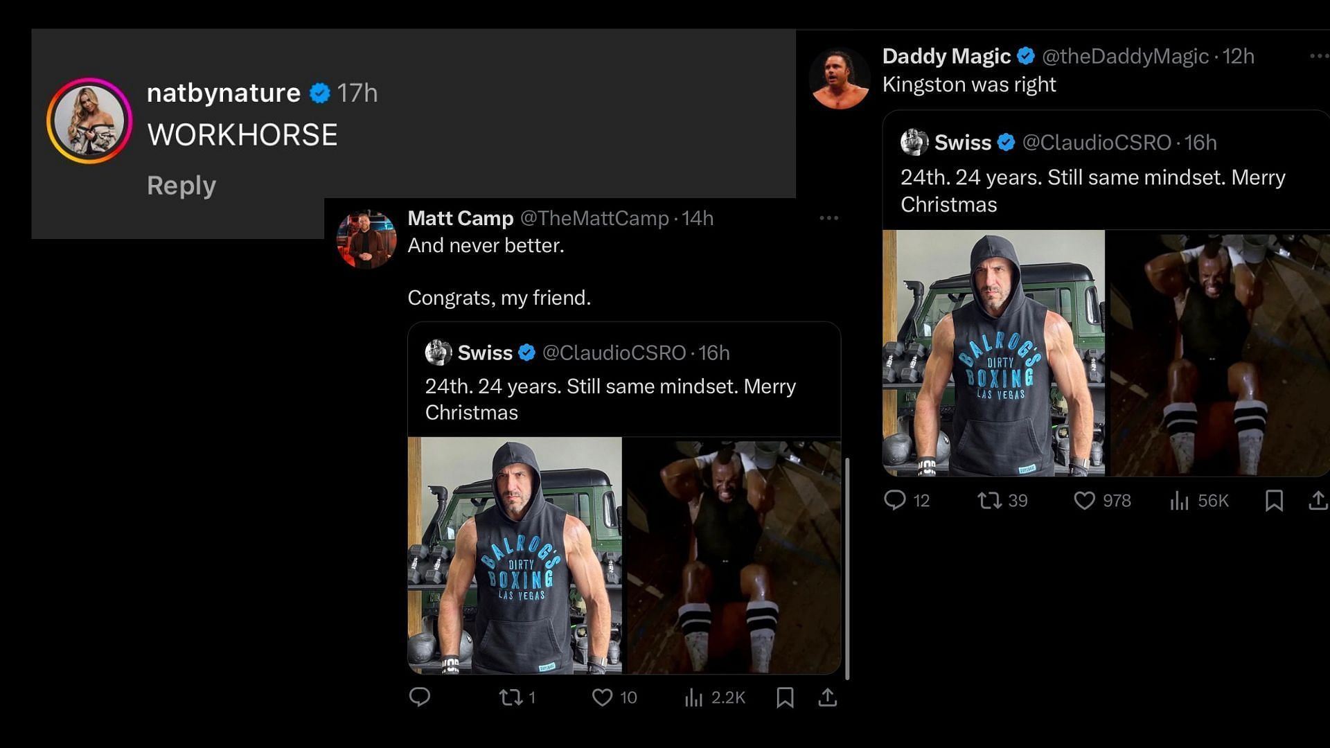 Natalya, Matt Menard, and Matt Camp&#039;s reactions to Castagnoli&#039;s post (Image via Castagnoli&#039;s Instagram and X handles)