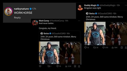 Natalya, Matt Menard, and Matt Camp's reactions to Castagnoli's post (Image via Castagnoli's Instagram and X handles)