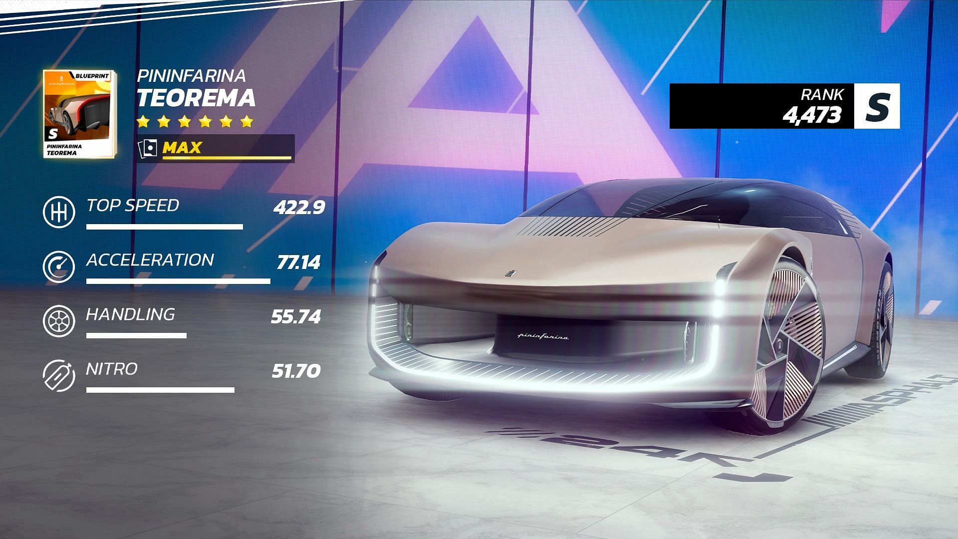 The Pininfarina Teorema is a Class S Asphalt Unite Festival Fury season car (Image via Gameloft SE)