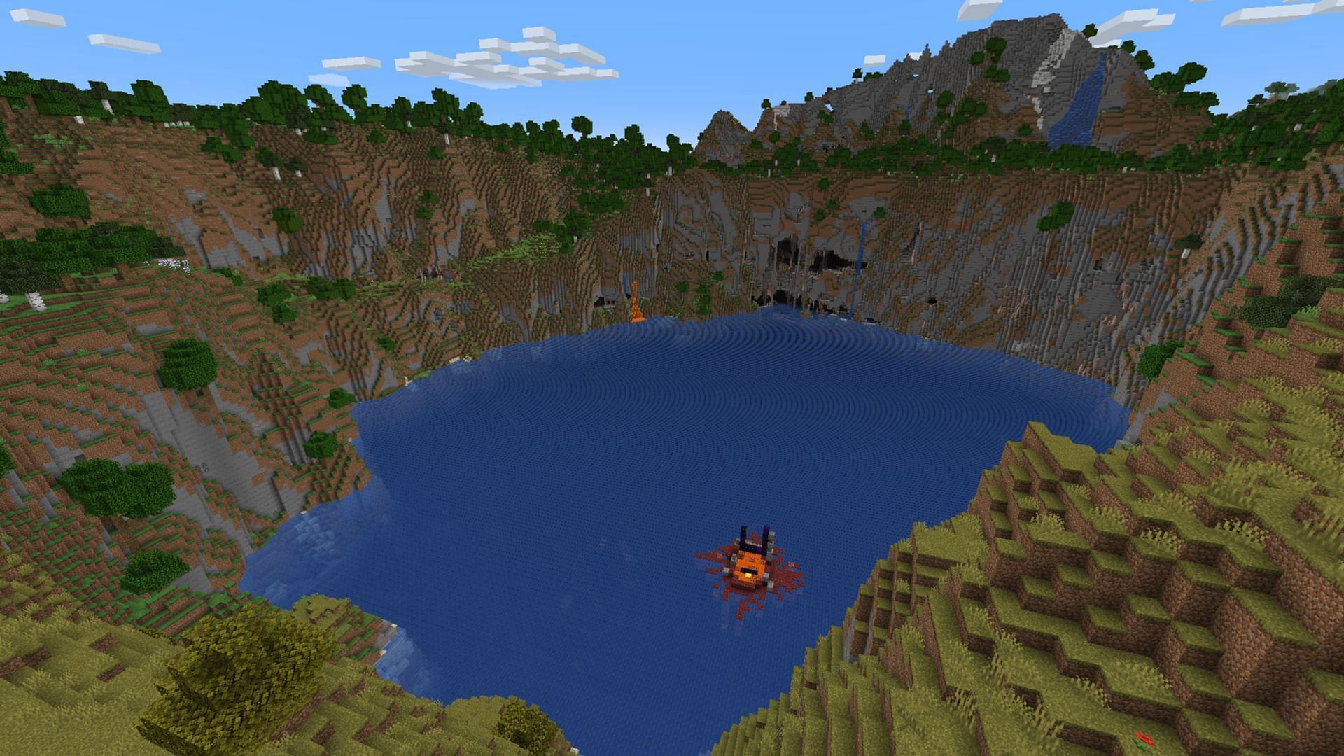 The vast crater and surrounding forests offer a cinematic experience (Image via Mojang Studios)