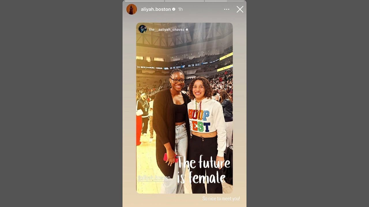 Aliyah Boston reacting to meeting Aaliyah Chavez- (image via @aliyah.boston IG Story)