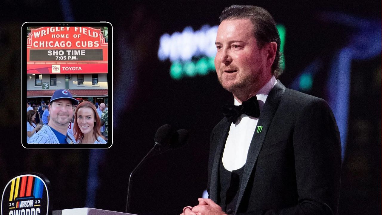 Kurt Busch speaks onstage at the 2023 NASCAR Awards Banquet (R) Kurt Busch and Lyda Moore (insert) - Source: Imagn