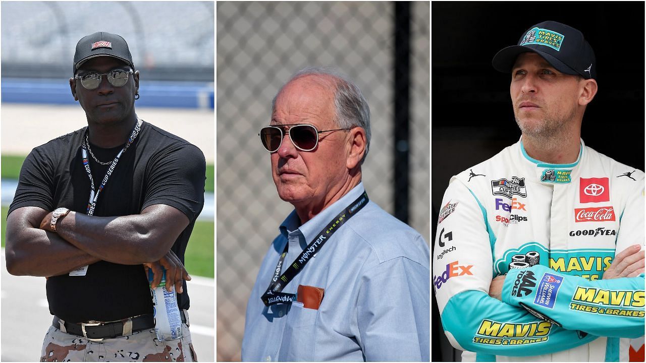 In Picture: Michael Jordan and Denny Hamlin of 23XI Racing (L-R), and Jim France of NASCAR (M). Credit: Imagn