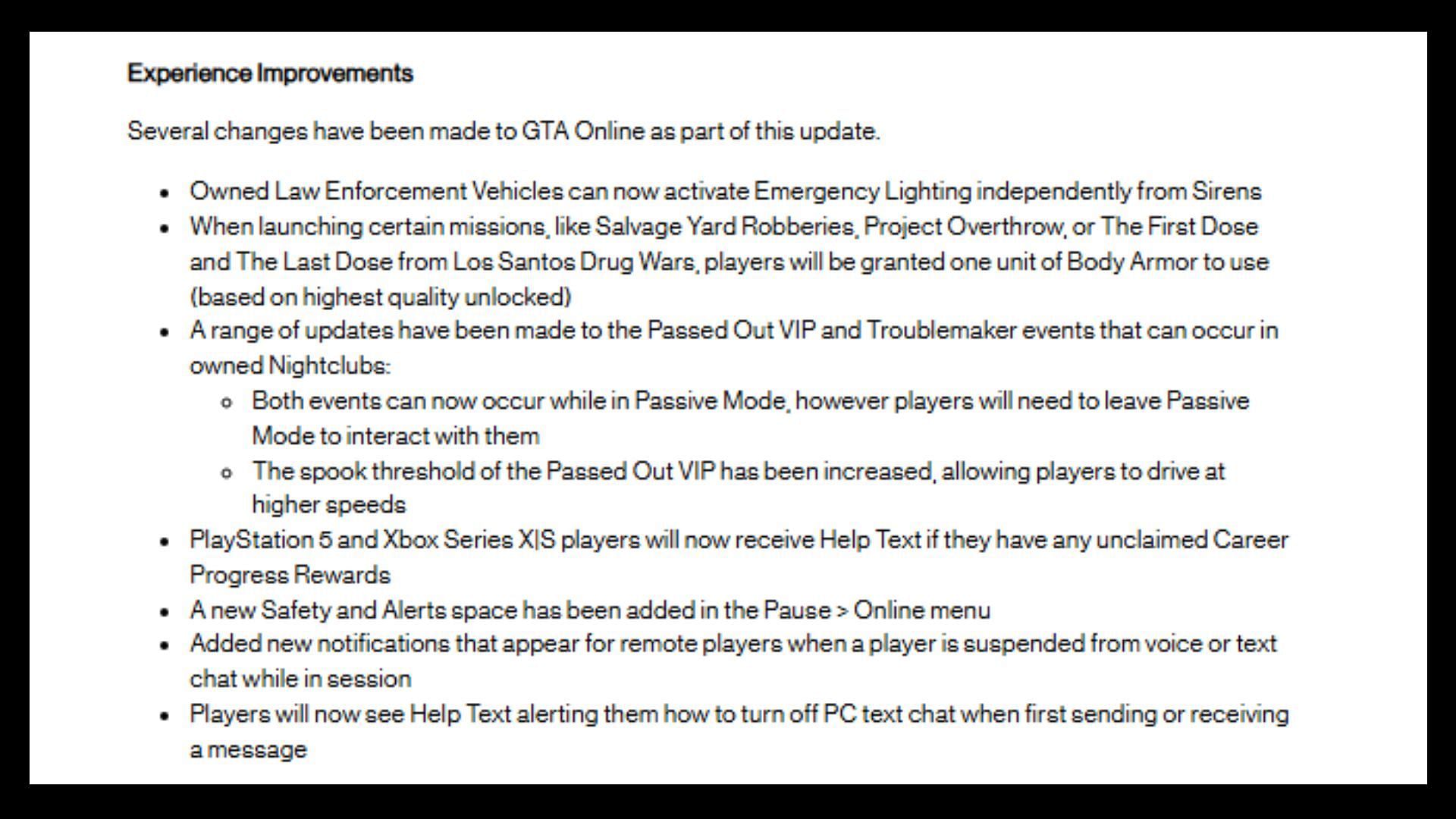 List of all GTA Online 1.70 update experience improvements (Image via Rockstar Games)