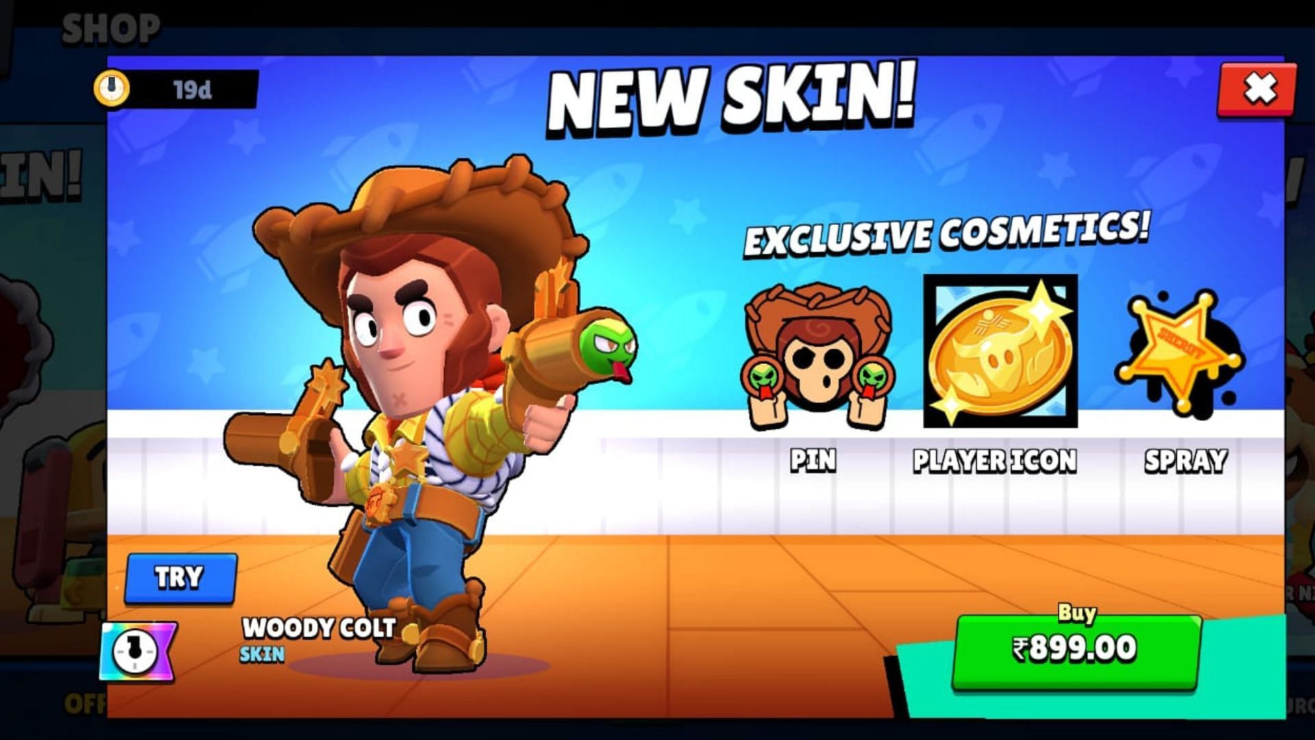 The Woody Colt skin along with other cosmetics (Image via Supercell)