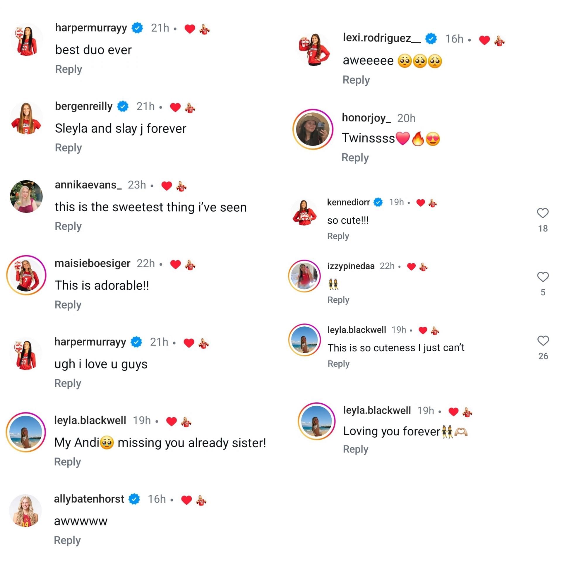 Screenshot of Harper Murray, Lexi Rodriguez, and other Nebraska Volleyball players&rsquo; comments - Source: via  @andijacksonn on Instagram