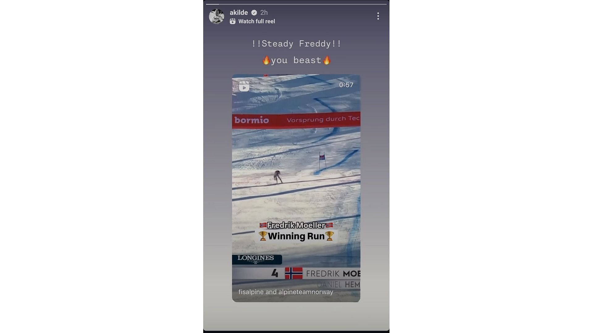 Screenshot of Aleksander Kilde&#039;s reaction to Fredrik Moeller&#039;s victory in his stories (Image via: Kilde&#039;s Instagram)