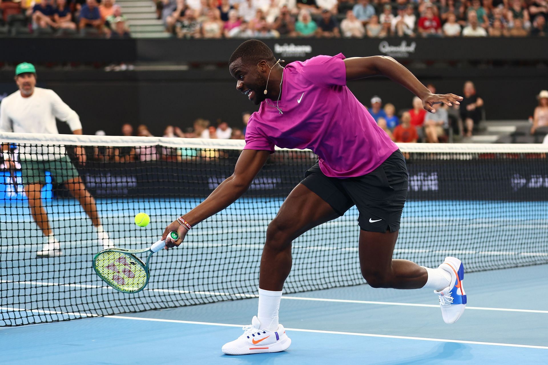 Frances Tiafoe during an exhibition match against Ons Jabeur and Patrick Rafter on day one of the 2025 Brisbane International at Pat Rafter Arena- Source: Getty